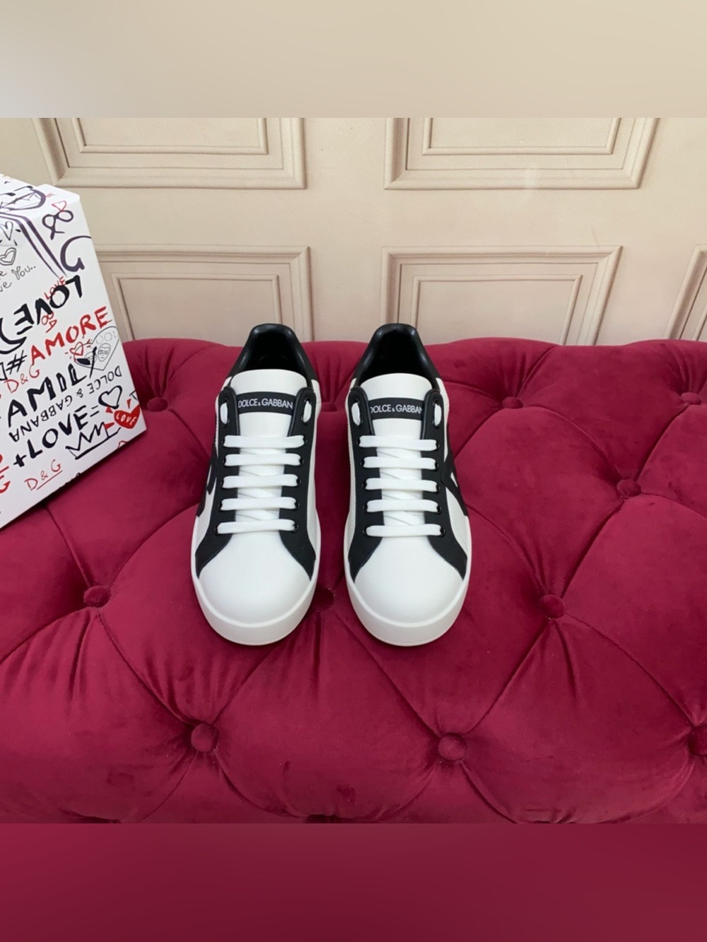 Dolce & Gabbana Black and White Logo Leather Sneakers - Picture 6 of 9